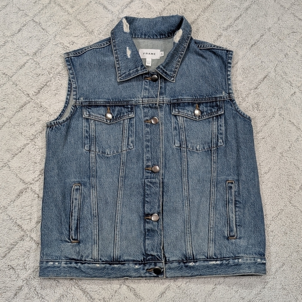 Frame Vest Jacket Womens S Petite Blue Denim Trucker Relax Button Up Moto Chic